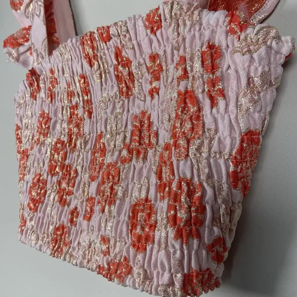 Lulus Womens Floral‎ Smocked Crop Top Small Dusty Pink Gold Metallic Ruffle NEW - Image 3