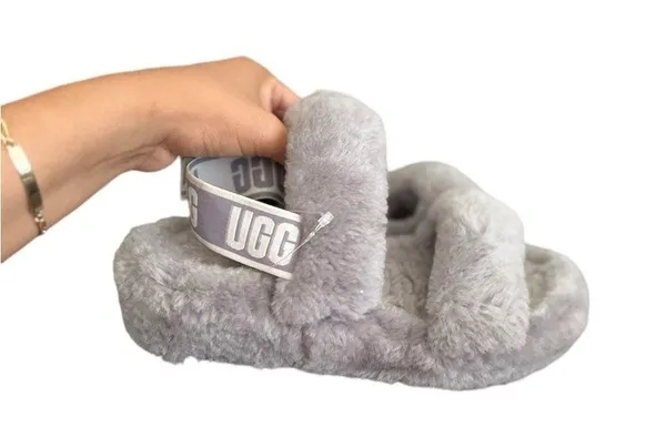 UGG Oh Yeah Fluffy Gray Sherpa Slides Slippers Sandals - Image 2
