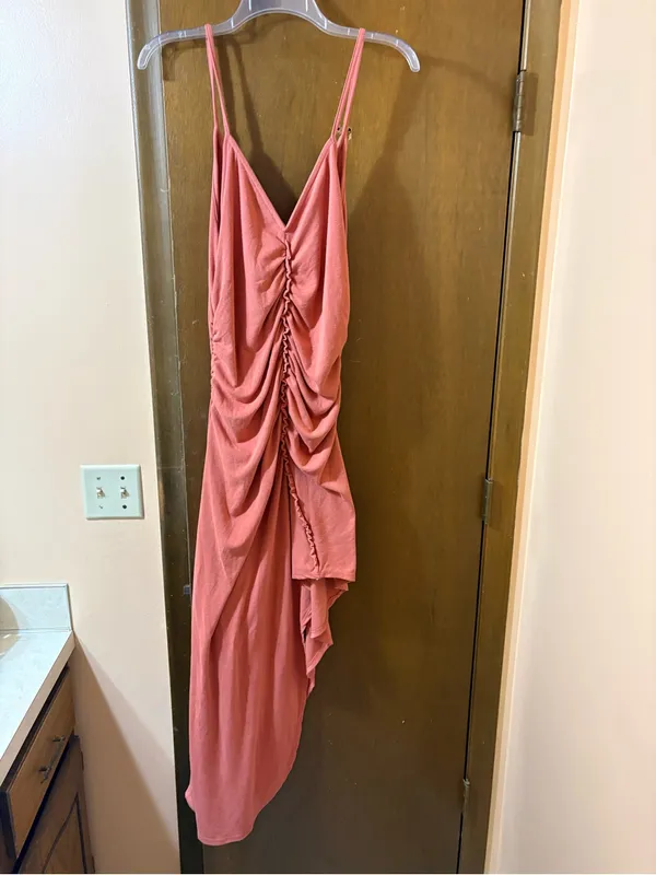 Free People Beach Coral Ruched Sleeveless Asymmetrical Hem Midi Dress - Image 7