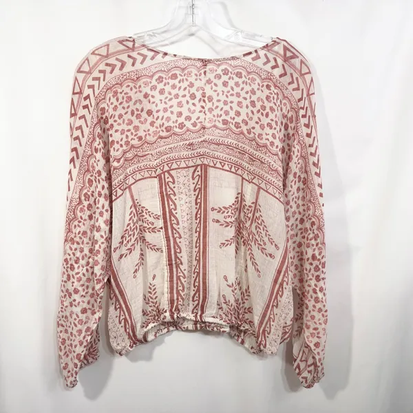 Free People Medium Tunic Top Blouse Floral Print Lace Up Bohemian Boho‎ 1254 - Image 3