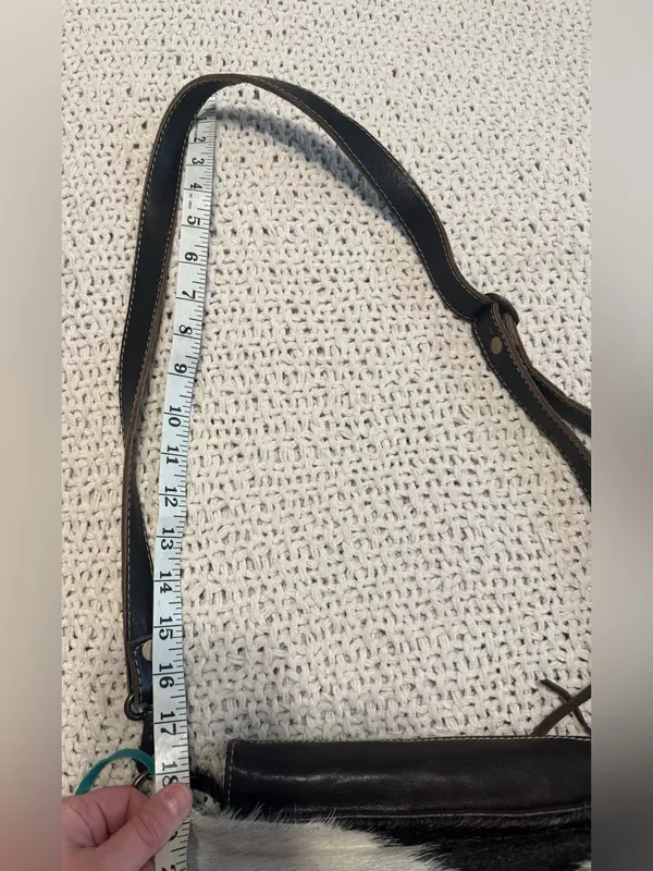 Myra Bag Black and White Cowhide Crossbody with Turquoise and brown Fringe - Image 9