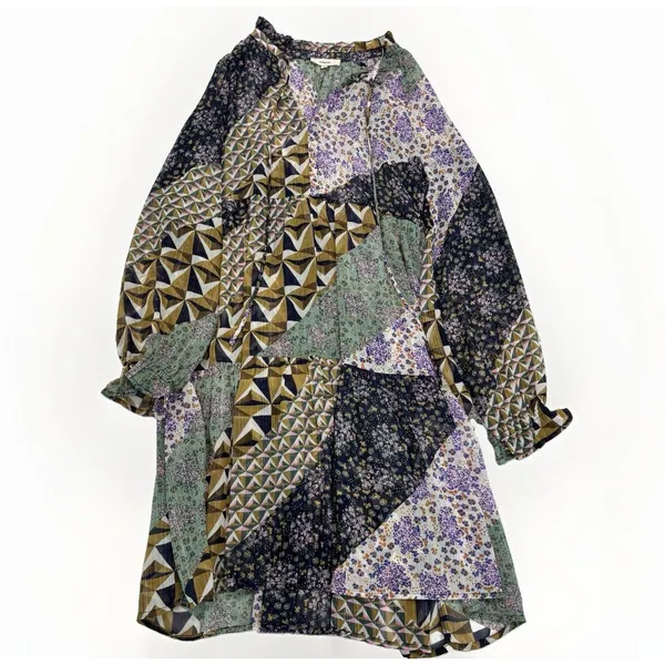 Suncoo Paris Dress Size Medium T2 Mini Sheer Patchwork Geometric Long Sleeve Purple - Image 2