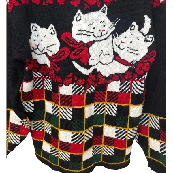 Vintage Dana Scott Christmas Cat Plaid Knit Sweater Holiday Black Red Size Small - Image 2