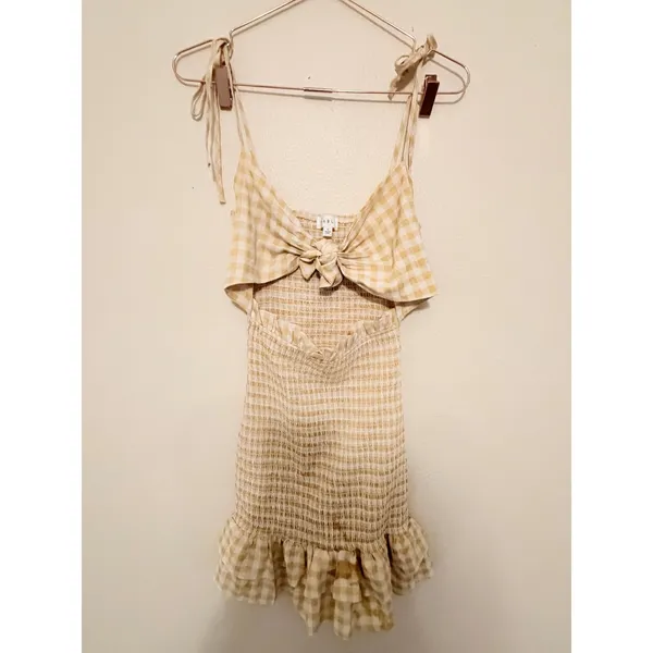 Mable‎ Mini Dress Womens Medium Yellow Gingham Smocked Tie Cutout MD2513C Summer - Image 3