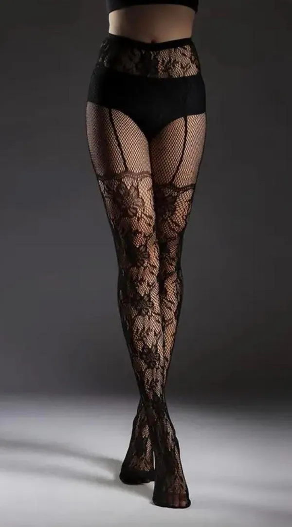 Black Floral Lace Fishnet Tights, Hot Elastic High Waist Pantyhose, Women's Stockings & Hosiery One Size 85% Polyamide 15% Elastane 7650219440+5 - Image 3