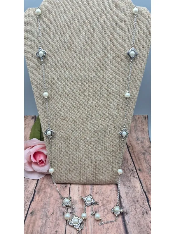 The Brighton Courtesan Necklace Long Vintage Style Glass Pearl Crystal Stations - Image 8