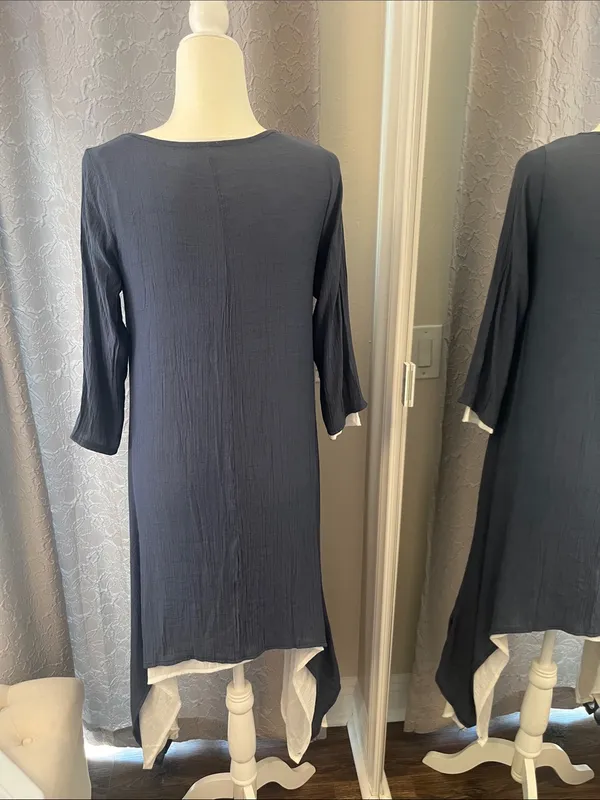 Women's Navy Asymmetric Hem Tunic with Contrast Trim - Image 3
