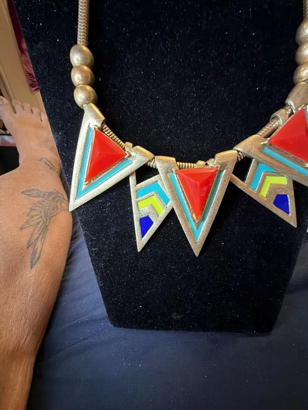 Vintage 1980s Geometric Triangle Bib Statement Necklace Gold - Image 3