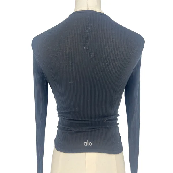 Alo Yoga Gather Long Sleeve Black Ribbed Ruched Crop Top XS - Image 11