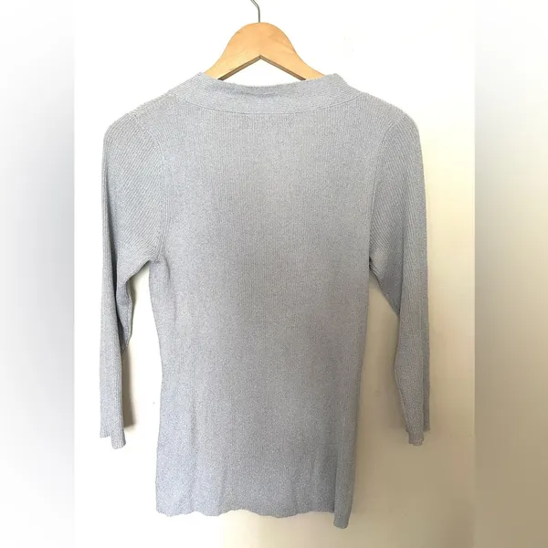 August Silk Metallic Gray Knit Top Women’s‎ Sz Large Beaded V Neck 3/4 Sleeve - Image 7