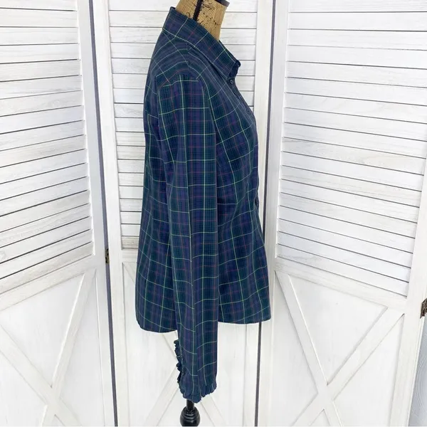 Tommy Hilfiger Plaid Ruffle Cuff Trim Button Front‎ Shirt Green Navy Medium - Image 3