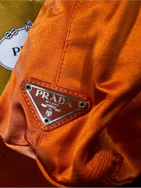 Vintage Prada Coral Orange Satin Bag Plexiglass Handle Made in Italy - Image 6