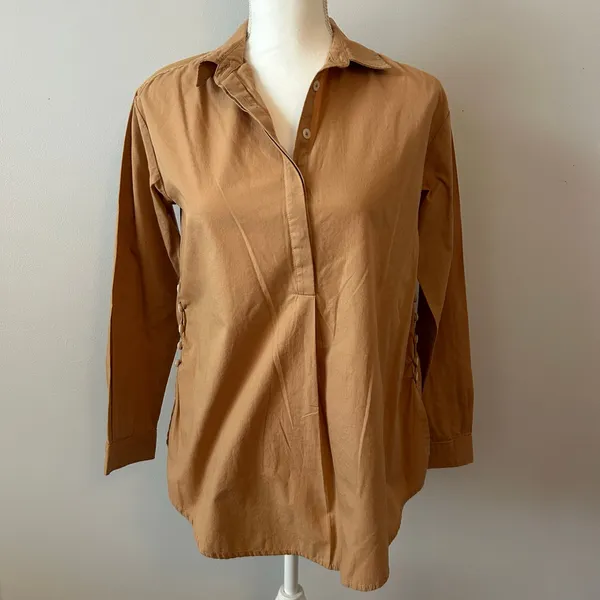 By Anthropologie Camel Button Up Blouse Top Oversized Boxy Size XXS - Image 4