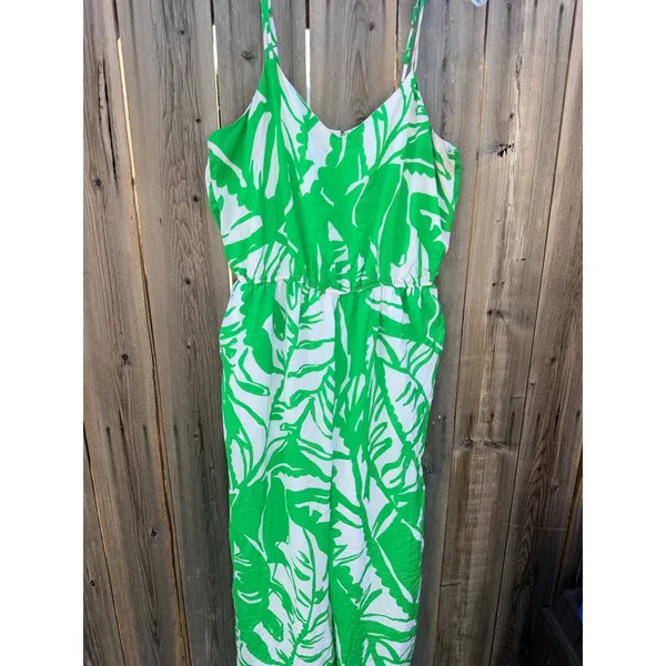 Lilly Pulitzer 20th Anniversary Green and White Tropical Print Satin Jumpsuit Lg - Image 4