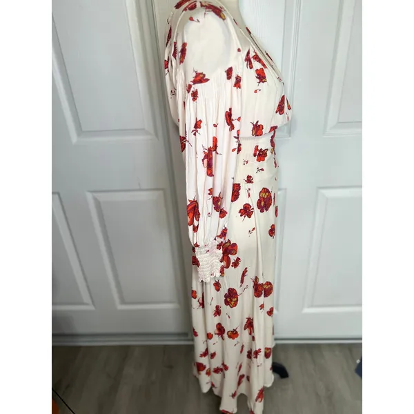 Free‎ People Maxi Dress So Sweetly S Ivory Red Floral Smocked Boho Long Sleeve - Image 4
