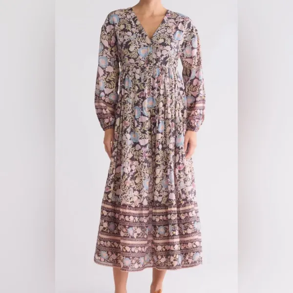 Billabong Long Balloon Sleeve‎ Maxi Dress Fairy Bohemian Floral Peasant Milkmaid - Image 2