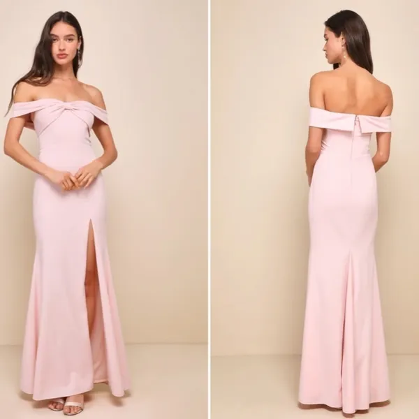 LULU's Chic Sexy Prom Wedding Off the Shoulder Light Pink Trumpet Maxi Dress - Image 2