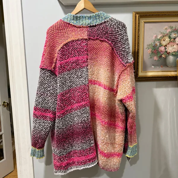 Free People Oversized ‎ Daydreamer Patchwork Knit Cardigan Sweater Pink Size S - Image 3
