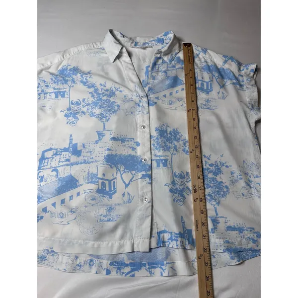 Jane + Delancey Womens Blue White Toile Scenic Button Down Shirt Large Short Slv - Image 5