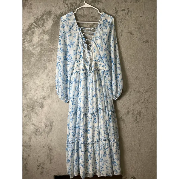 Altar'd State Floral Cottagecore Prairie Maxi Dress Lace Up XL Boho Romantic New - Image 5