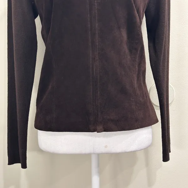 Y2K Mossimo Suede Leather Wool Blend Knit Zip Up Jacket Brown Small Boho Western - Image 6