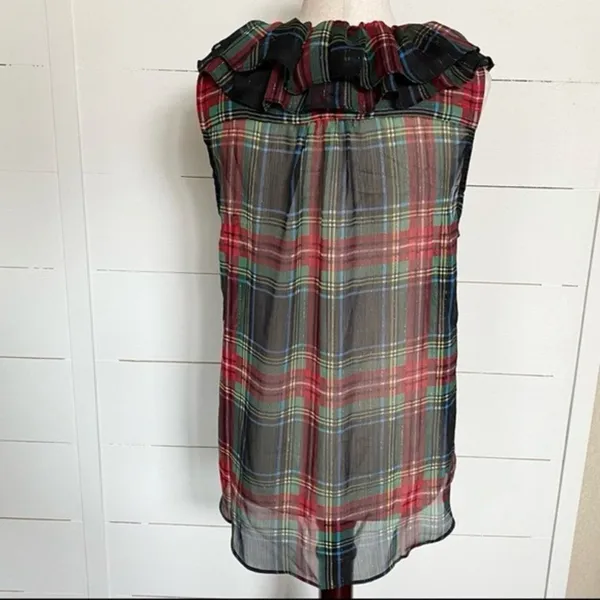 J. Crew Tartan Plaid Red Green Metallic Sheer Ruffle Button Tank‎ Blouse NWT S - Image 10