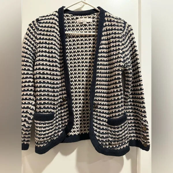 LOFT Navy and Cream Striped Cardigan‎ Size M - Image 3