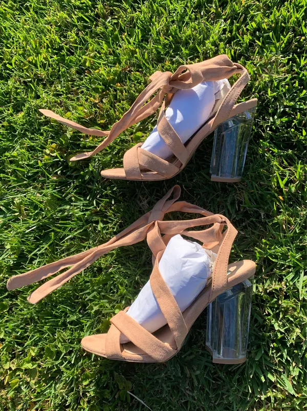 Qupid Beige Leg-Wrap Clear Block Heels - Image 7