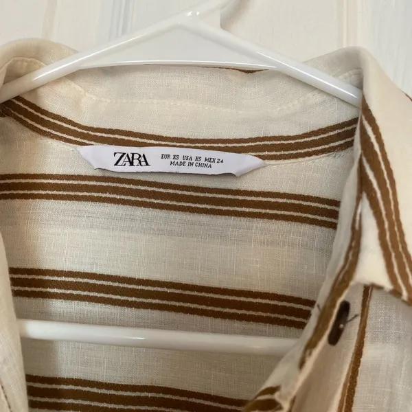 ZARA boho cream tan striped linen buttoned belted collared shirt midi dress XS - Image 2