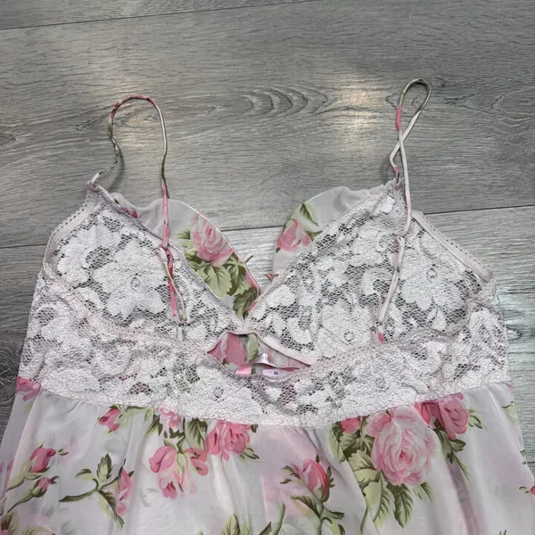 Y2K Victoria's Secret Pink Floral Rose Lace Babydoll Tank Sleepwear Medium 2002‎ - Image 5