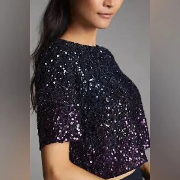 NWT Anthropologie Let Me Be Ombre Cropped Sequined Blouse Medium - Image 4