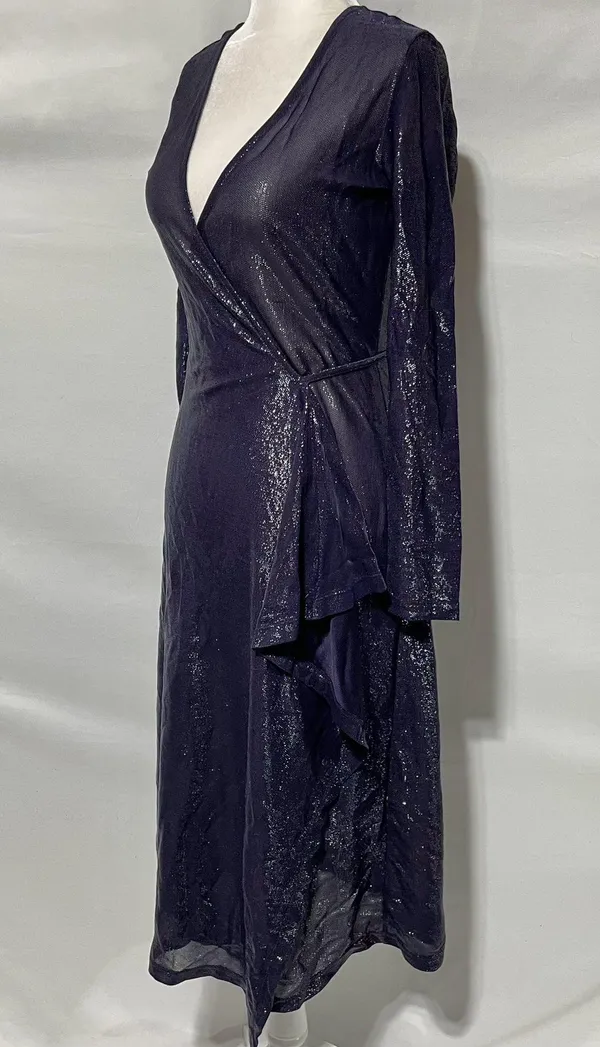 & Other Stories Sheer Metallic Long Sleeve Midi Wrap Dress Navy Blue Size 2 - Image 7