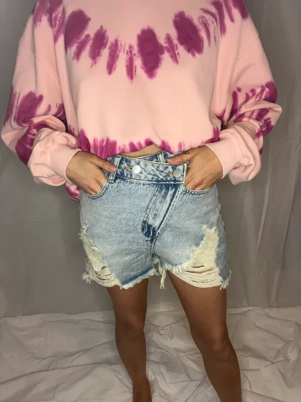 Asymmetrical Distressed Denim Shorts  - Image 2