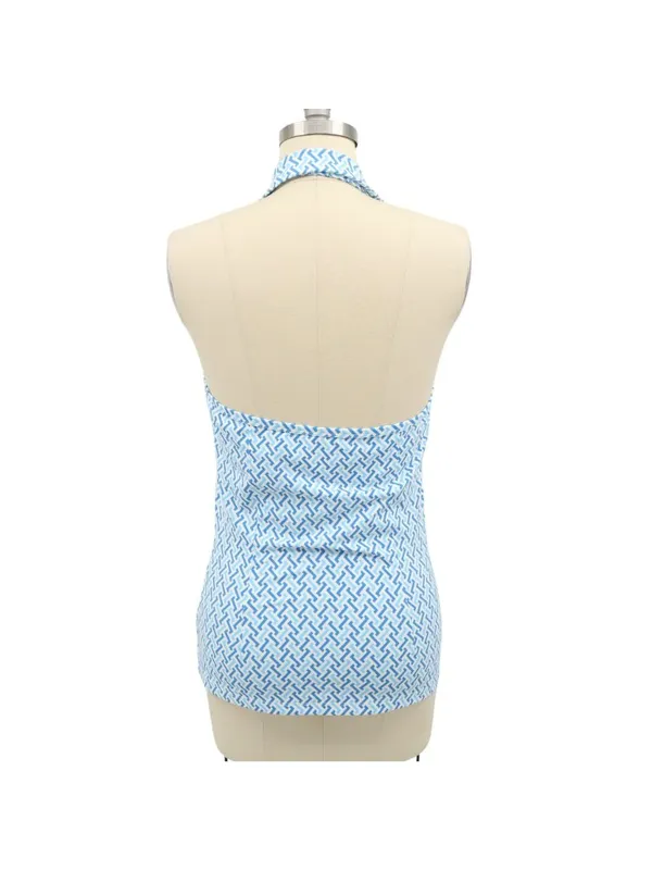 J. McLaughlin Blue White Printed Catalina Cloth Collared Halter Top S - Image 4