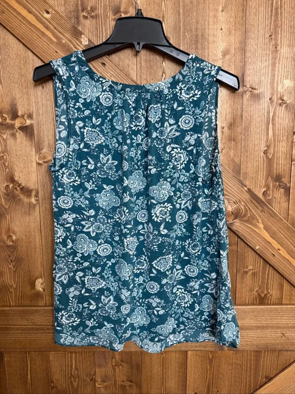 LOFT Women’s Medium Teal White Floral Paisley Sleeveless Split Neck Blouse(9354) - Image 4