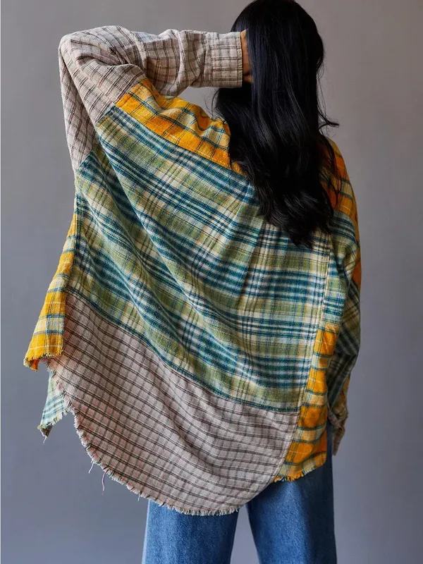 UO Ted Patchwork Yellow Flannel Shirt Button Down Plaid Urban Outfitters Size XS - Image 2
