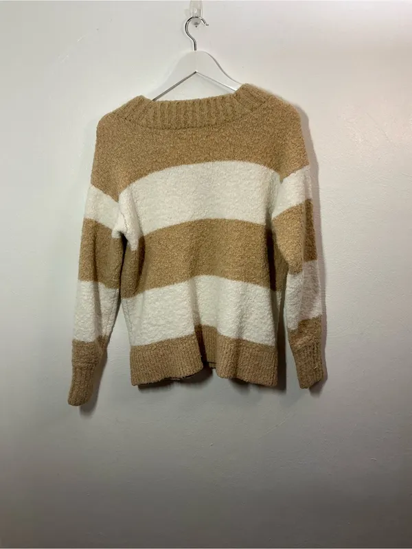 Aerie Cozy V-Neck Striped Sweater in Cream & Tan Size XS - Image 2