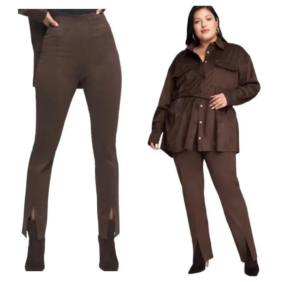 Good American Chocolate Brown Faux Suede Pant Size 8 Boss Split Hem Straight Leg - Image 2