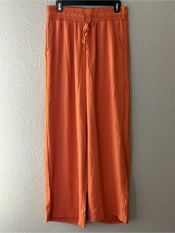 NEW Melloday Rust Orange Wide Leg Drawstring Pants L Bohemian Resort Pull On - Image 6