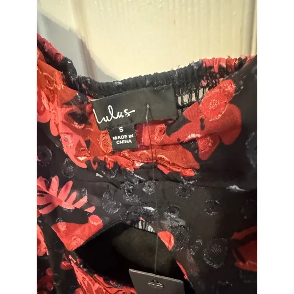 Lulus Truly Charming Floral Midi Dress Small Black Red Puff Sleeve Cutout NWT - Image 6