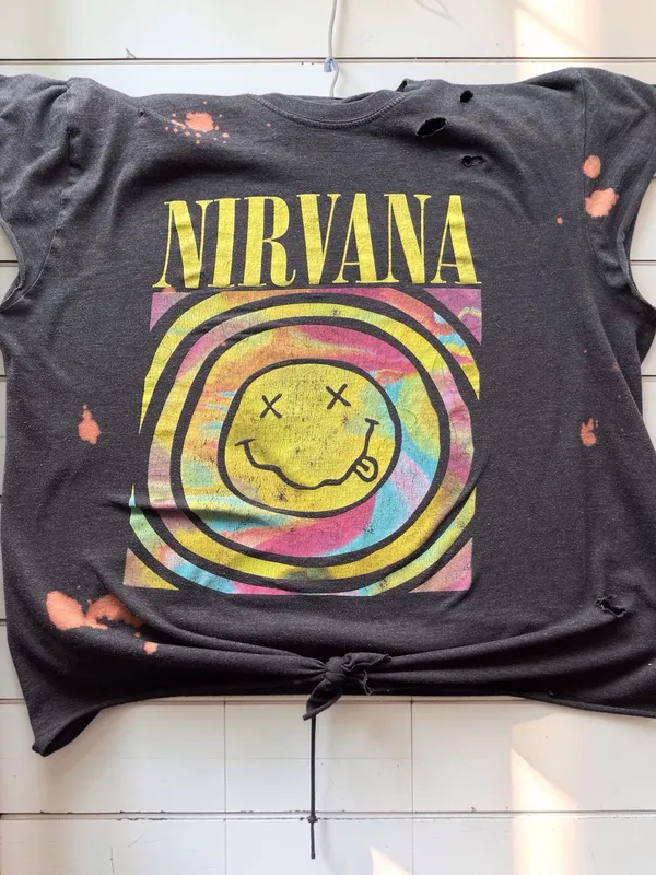 NIRVANA Black Tie-Front distressed tee with Multicolor Smiley Graphic - Image 8