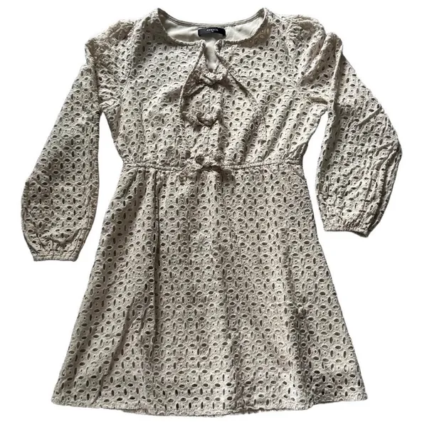 Zesica Womens Beige Eyelet Mini Dress Long Sleeve Bow Front Size M Boho Romantic - Image 2