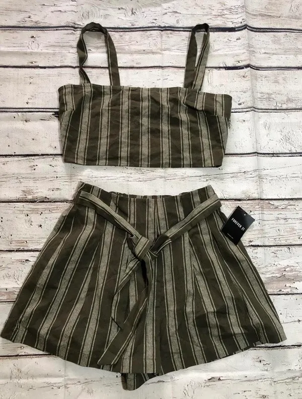 Forever 21 Striped Crop Top & Paper Bag Shorts Set - Image 2