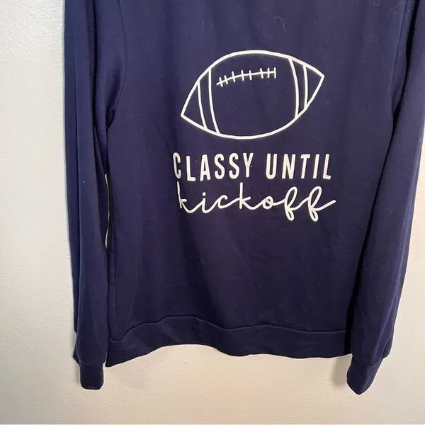 Women's Size Small Crewneck Sweatshirt Navy White Classy Until Kickoff Football - Image 3