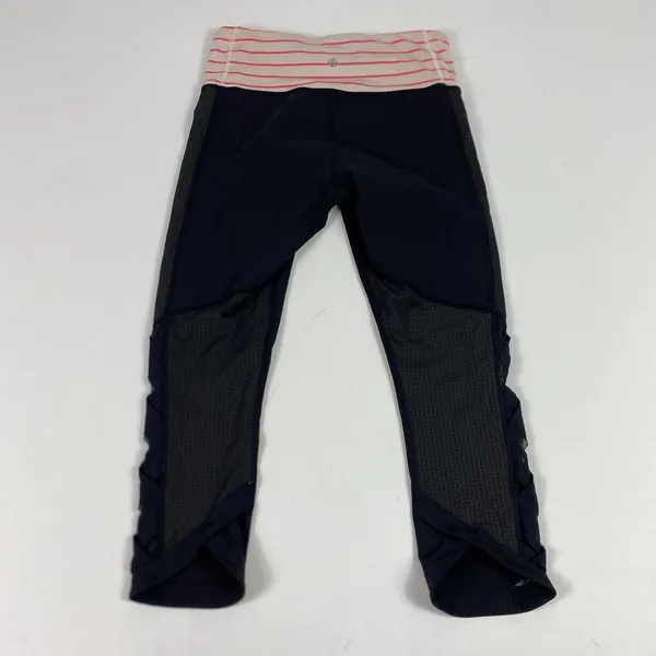 Lululemon Pants Womens 6 Navy Crop Leggings Mesh Lattice Hem Striped‎ Waist - Image 11