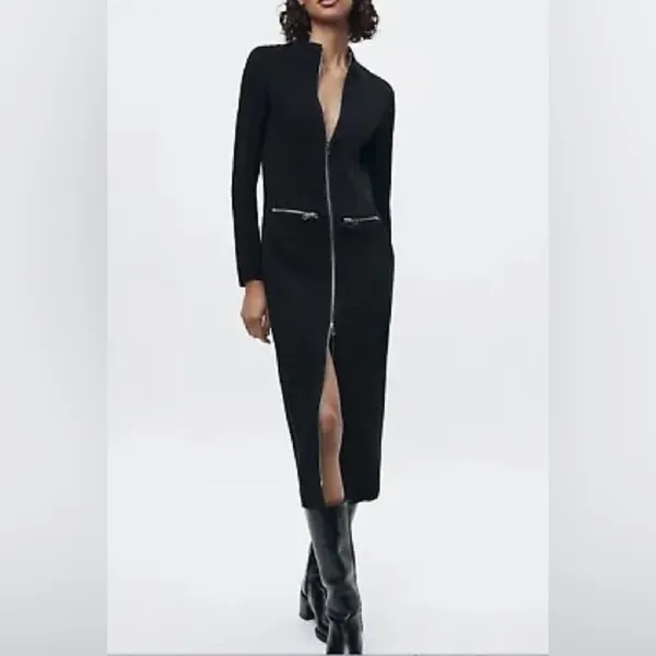 Nwt $139 Zara Zipper Midi Dress Zw Collection Black, Us Size L - Image 2