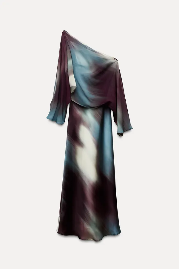 Zara midi dress layered tie dye Multicolor One-Shoulder satin evening wedding - Image 12