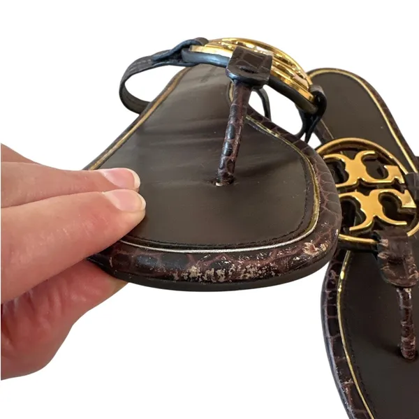Tory Burch Metal Miller Croc Embossed Brown Sandals 8.5 - Image 12