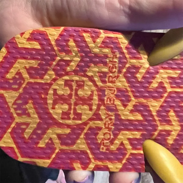 Tory Burch Women's Flip Flop Sandals Yellow Straps Red/Orange Geometric Pattern - Image 7