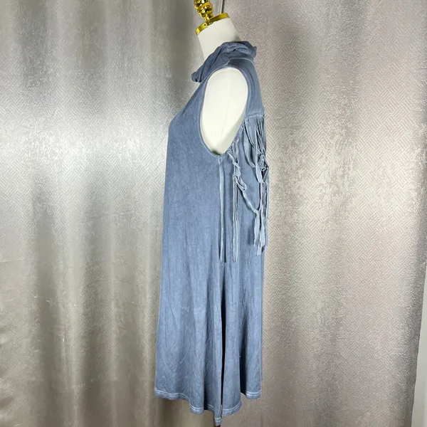 POL Womens Blue Mineral Wash Cowl Neck Fringe Open Back Sleeveless Mini Dress L - Image 4